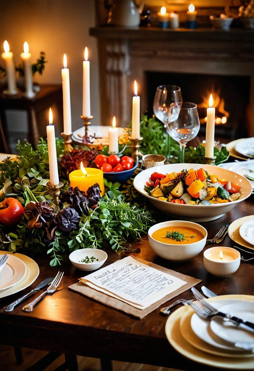 A beautifully arranged dining table with a variety of colorful, home-cooked dishes that represent different cuisines, surrounded by warm candlelight. A backdrop of handwritten recipe cards and fresh herbs adds a personal touch, symbolizing love and creativity in meal planning. The scene evokes a warm and inviting atmosphere, perfect for family gatherings. elegant painting. warm colors. soft focus.