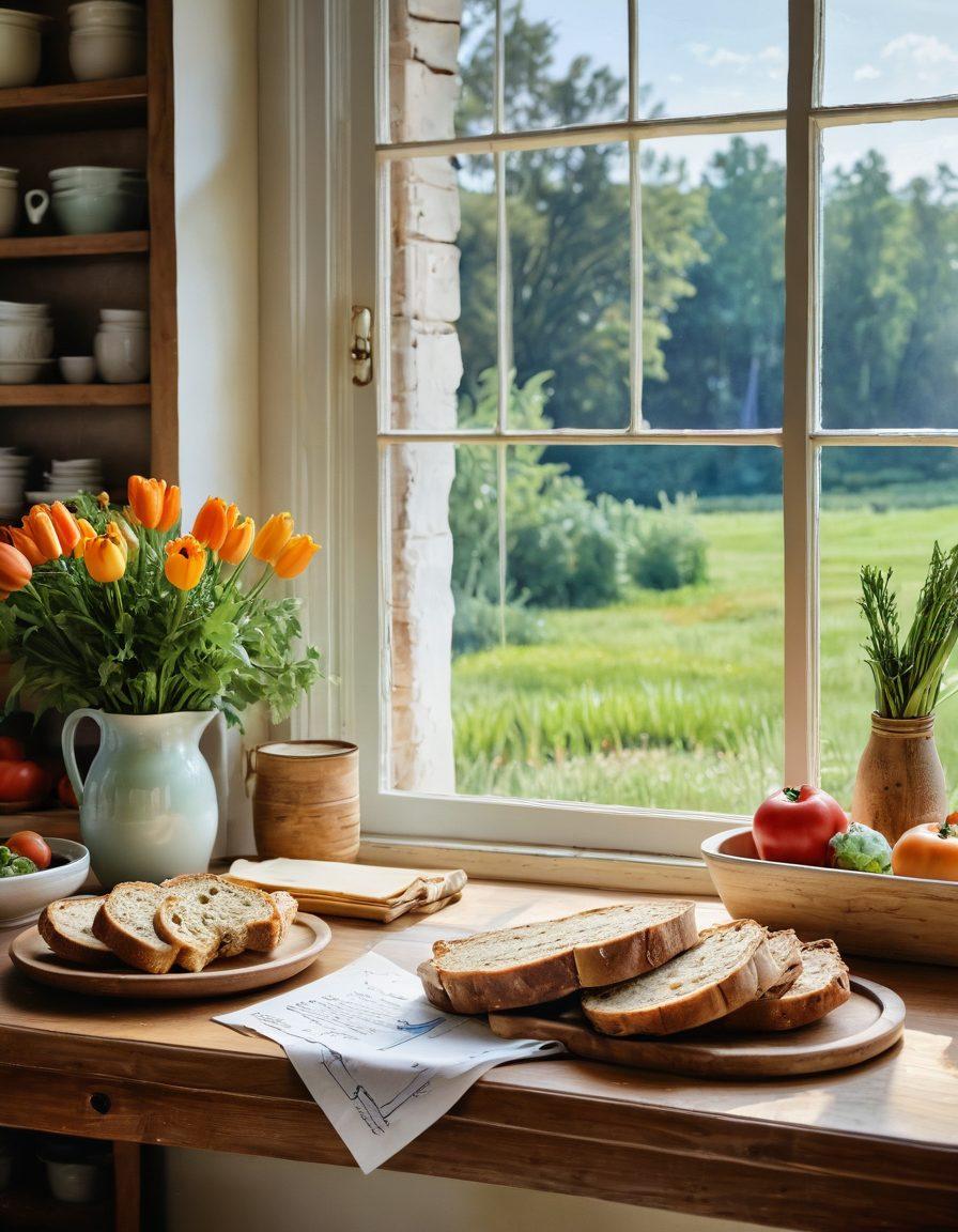 A rustic kitchen scene featuring a wooden farmhouse table adorned with colorful, seasonal vegetables, freshly baked bread, and a hand-written recipe card. In the background, a window reveals a lush green farm landscape under a blue sky, symbolizing the journey from farm to table. The warm lighting enhances the cozy, inviting atmosphere of heartfelt home cooking. watercolor painting. warm tones. soft focus.