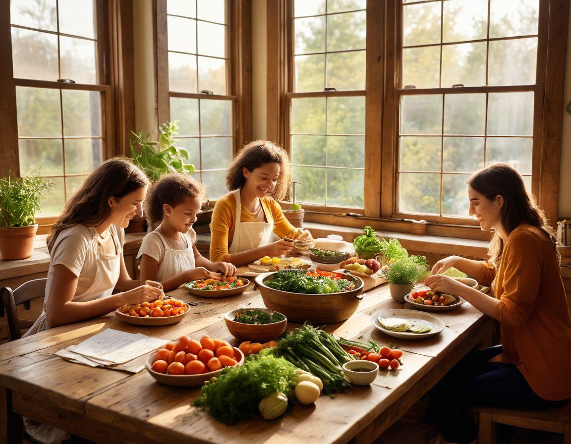 A warm, inviting kitchen scene featuring a family gathered around a rustic wooden table, joyfully preparing a gourmet meal together. The table is adorned with vibrant vegetables, herbs, and handwritten family recipe cards. Soft golden light filters through the window, creating a cozy atmosphere that evokes love and togetherness. This image captures both culinary artistry and familial affection. super-realistic. warm colors. soft focus.